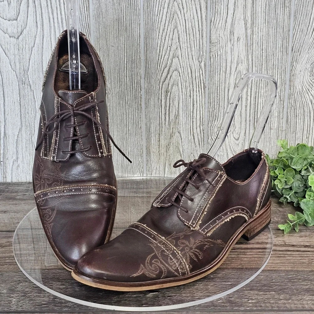 T2[in] Leather Oxford Dress Shoes Men's 45 Engraved‎ Design Frayed Stitch Spain